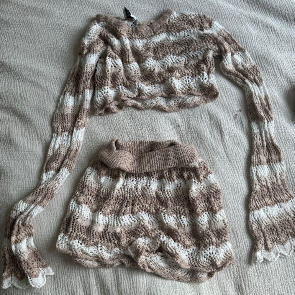 Brown and White Knit Sweater and Shorts Set